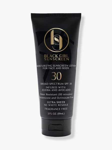 Black tube of Black Girl Sunscreen Moisturizing Sunscreen Lotion SPF 30 on light gray background